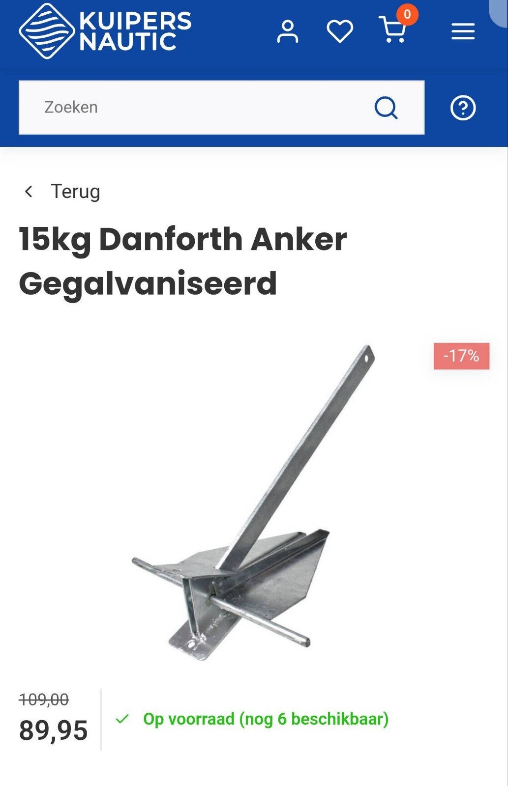 Danford 15 kg klap anker met ketting en touw, Ophalen, Zo goed als nieuw, Overige typen