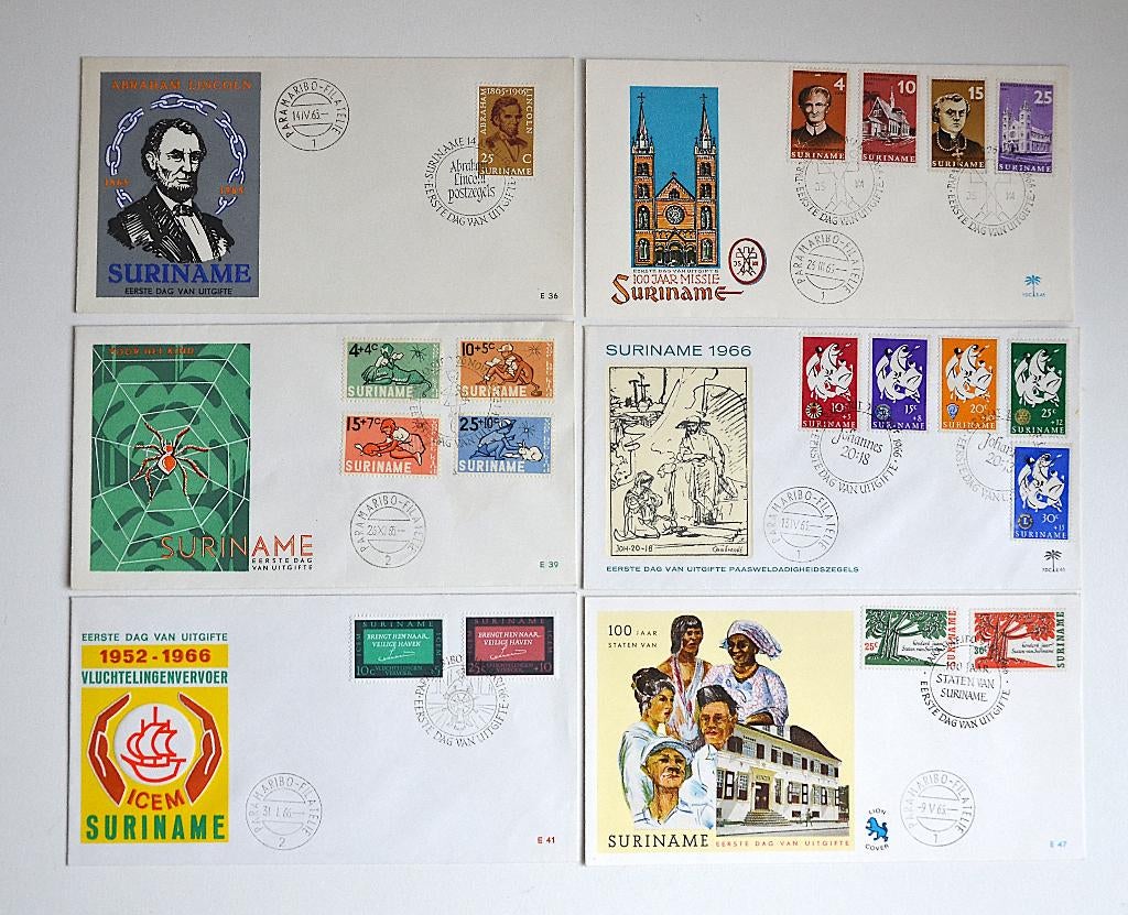 FDC - SURINAME 6 stuks., Postzegels en Munten, Ophalen of Verzenden, Gestempeld
