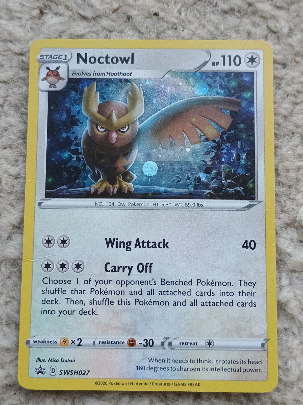 Noctowl holo swsh027 pokemon kaart, Ophalen of Verzenden, Zo goed als nieuw, Losse kaart, Foil