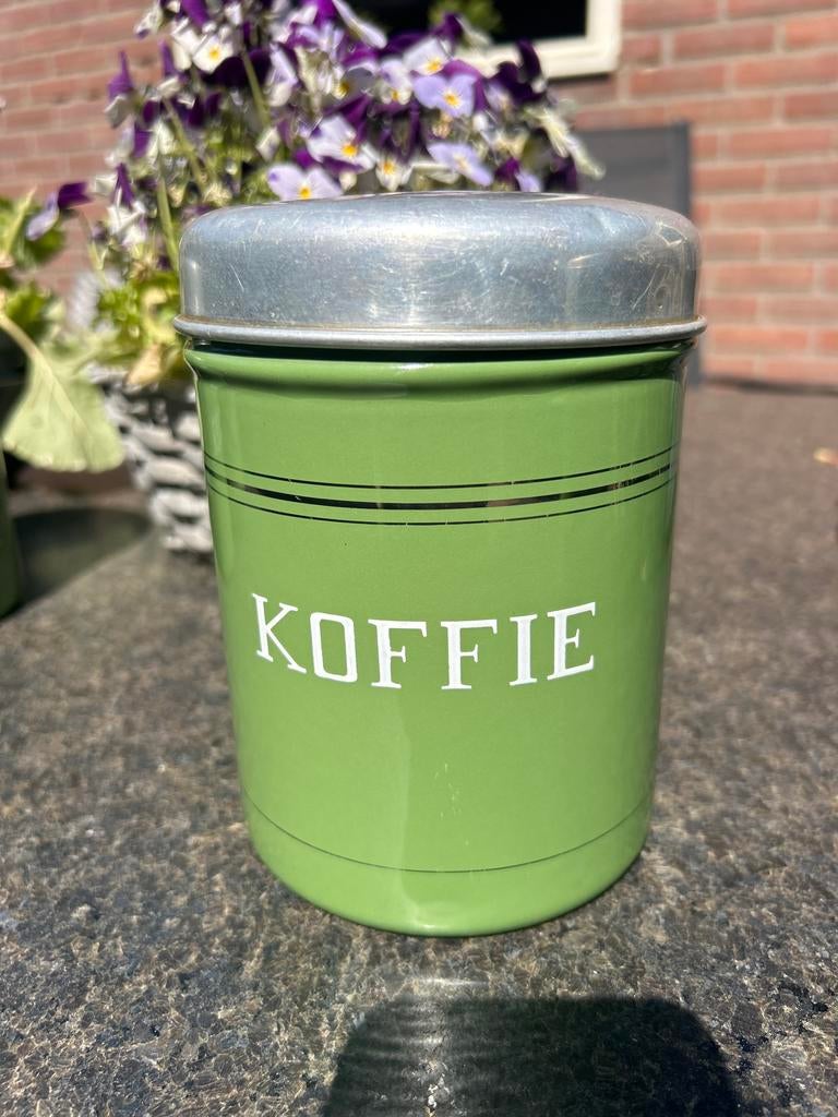 Vintage groene emaille koffiebus met aluminium deksel, Ophalen of Verzenden