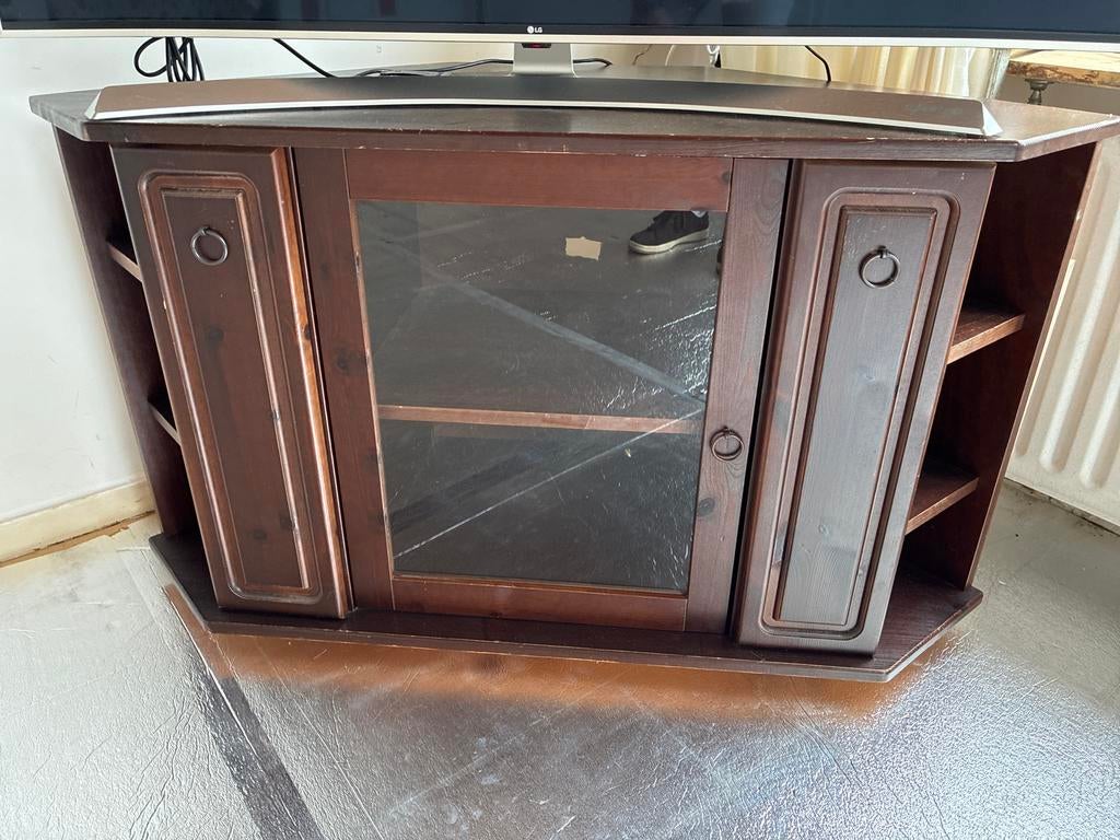 Houten TV-meubel / Hoekmeubel met glazen deur, Huis en Inrichting, Kasten | Televisiemeubels, Ophalen, Gebruikt, 100 tot 150 cm