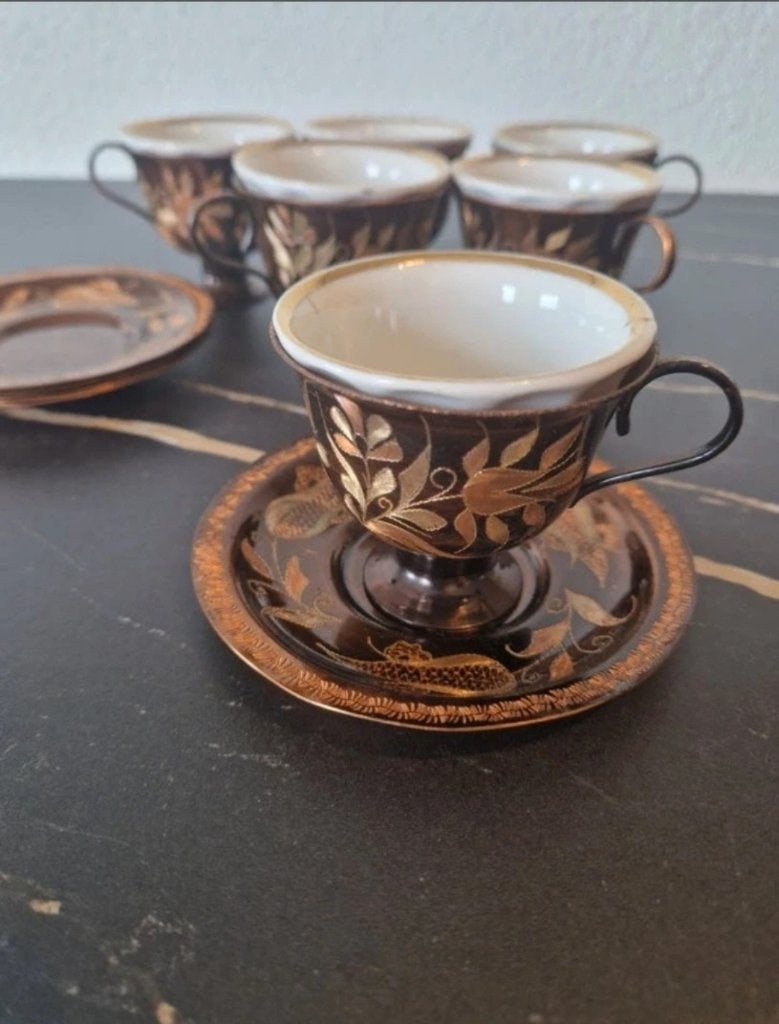 Vintage Turkse koperen koffieset – 6 kopjes met schotels, Antiek en Kunst, Ophalen of Verzenden, Koper