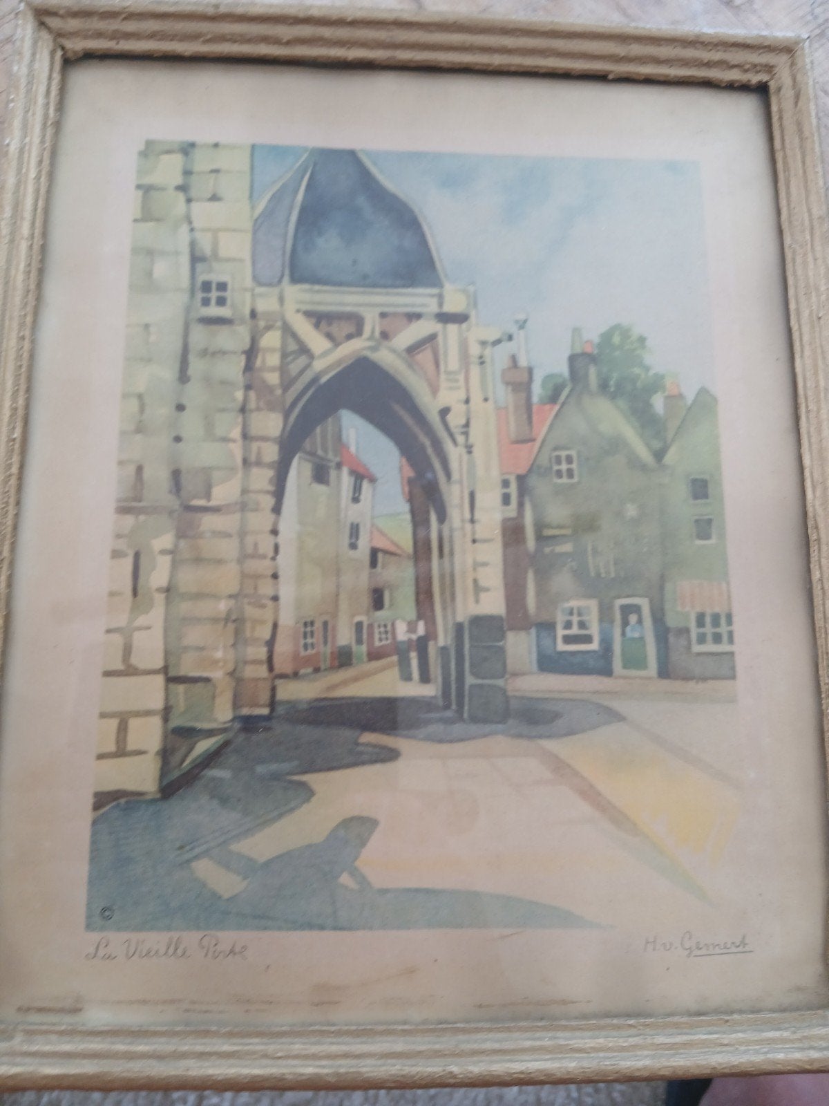 Vintage aquarel 'La Vieille Porte' door H.v. Gemert, Ophalen of Verzenden