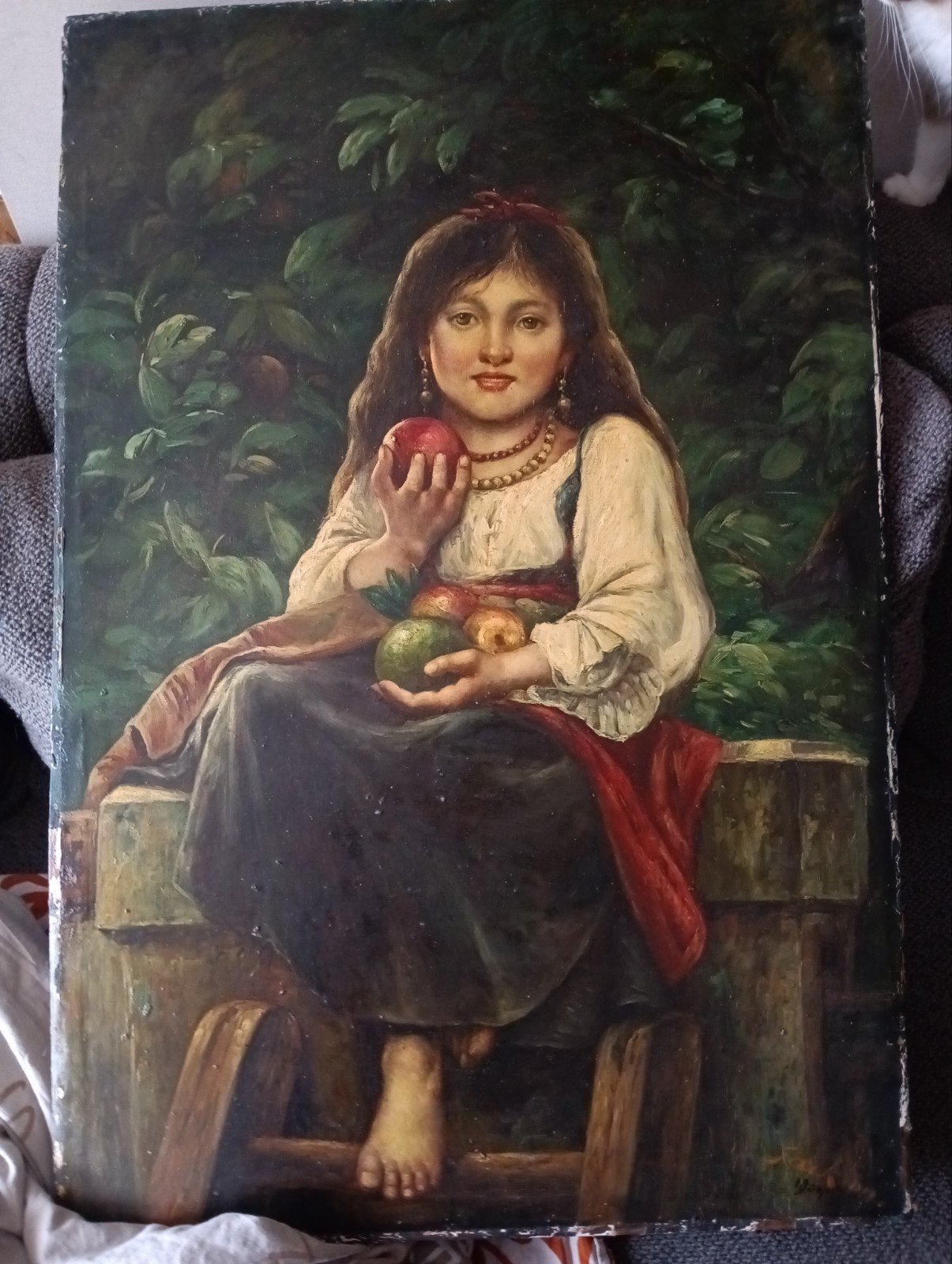 Groot antiek olieverfschilderij op doek De Appelplukker, Ophalen, Gesigneerd, Olieverf, Doek