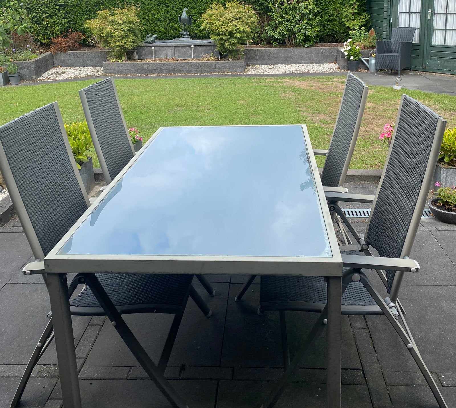Tuinset glazen tafelblad, Tuin en Terras, Tuinsets en Loungesets, Ophalen, Gebruikt, Tuinset