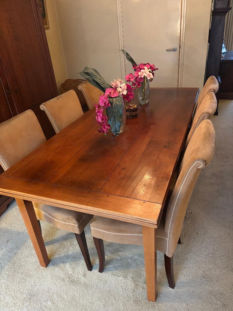 Prachtige kersenhouten eettafel met 6 stoelen, Ophalen, 200 cm of meer, 50 tot 100 cm, Zo goed als nieuw