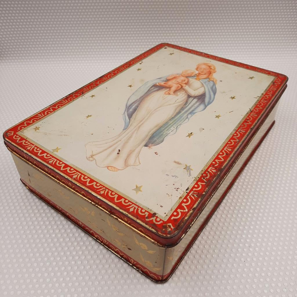 Vintage Blikken trommel Madonna met Kind, Ophalen of Verzenden, Gebruikt, Minder dan 50 cm, Minder dan 50 cm
