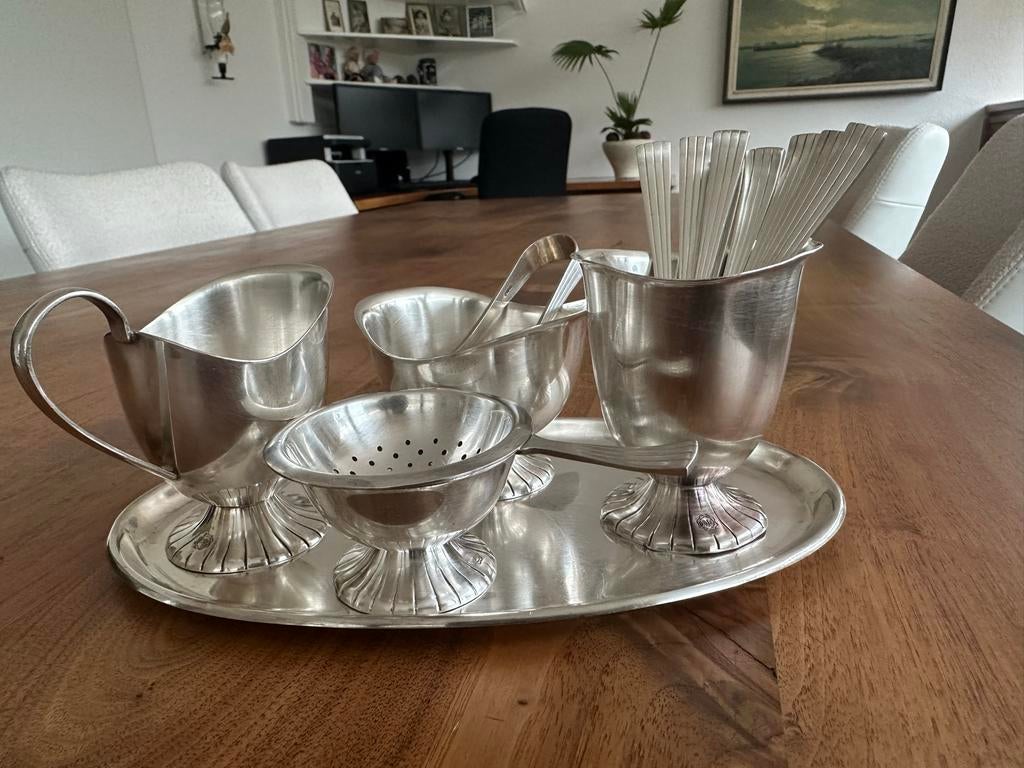 Verzilverd Douwe Egberts Roomstel Compleet, Antiek en Kunst, Antiek | Bestek, Ophalen of Verzenden