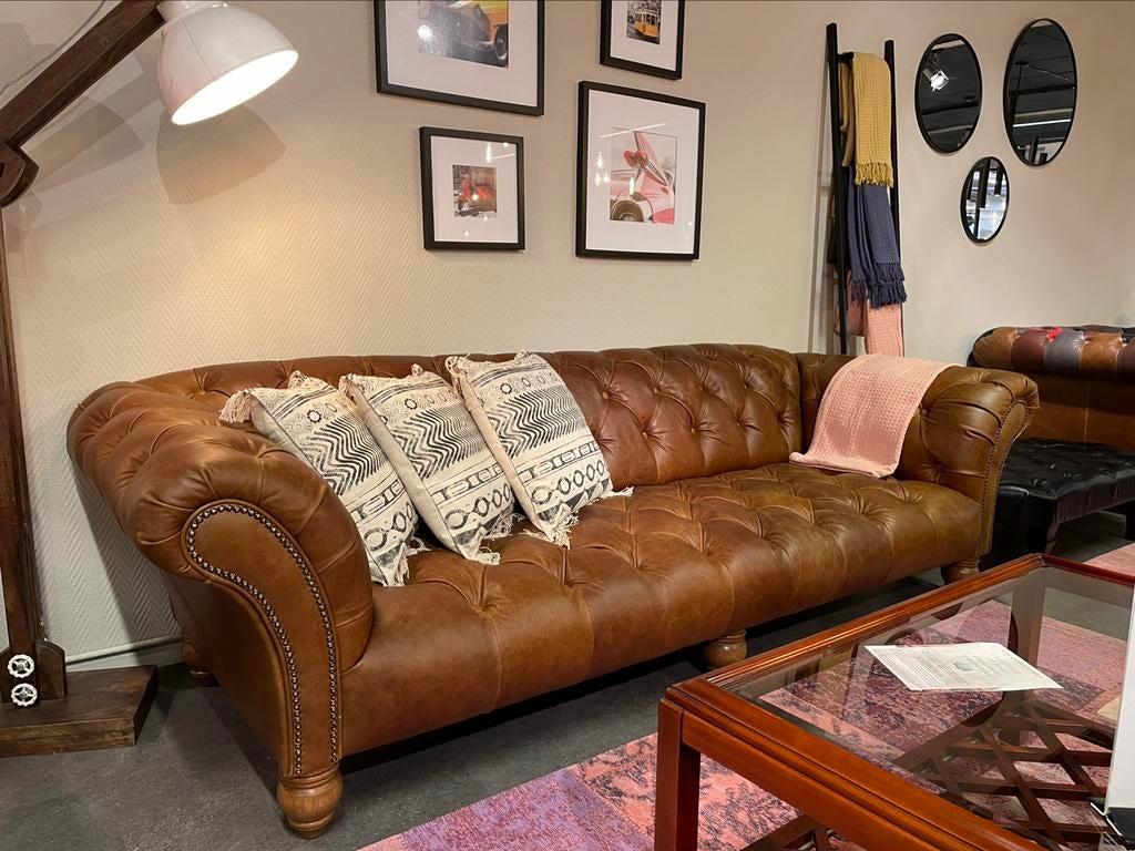 Originele Chesterfield 4 Zits vintage cognac Ralph Lauren, Nieuw, Leer, Ophalen of Verzenden, Rechte bank