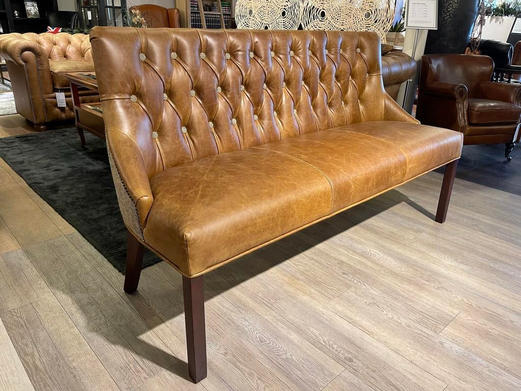 COMPACTE CHESTERFIELD BANK DINING SOFA COGNAC BRUIN MET STOF, Huis en Inrichting, Ophalen of Verzenden, 75 tot 100 cm, Leer, 150 tot 200 cm