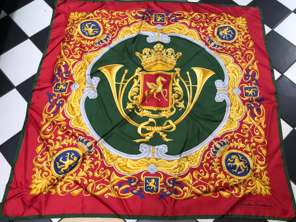 Christian fischbacher rood groene sjaal paard geel zijde, Maat 46/48 (XL) of groter, Ophalen of Verzenden, Zo goed als nieuw, X