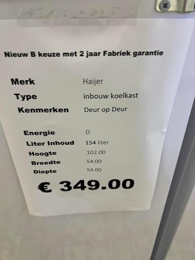 Inbouw koelkast deur op deur nismaat 102 hoog nieuw, 85 tot 120 cm, 150 tot 200 liter, Haier, Zonder vriesvak