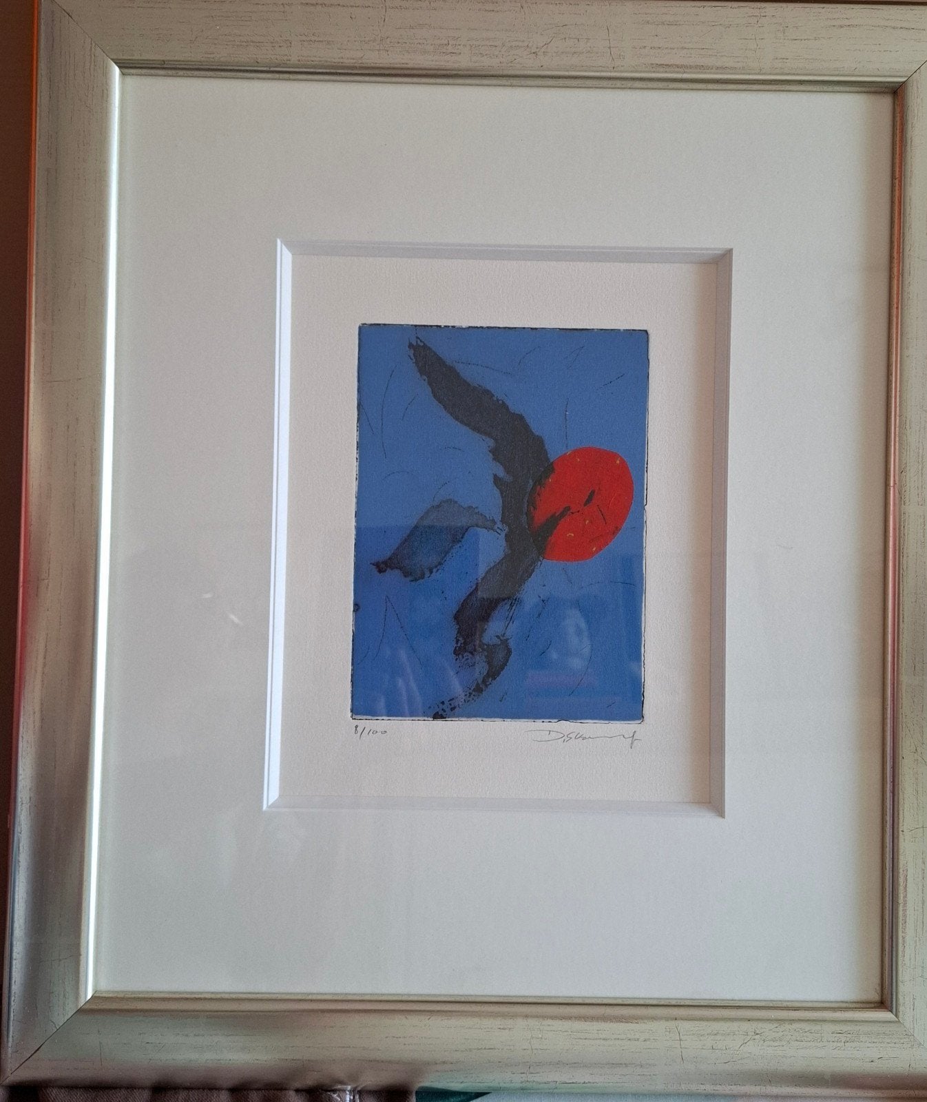 Gesigneerde Ets van Sung Kang - Blauw met Rode Zon de duck, Antiek en Kunst, Kunst | Etsen en Gravures, Ophalen, 46 cm, Gesigneerd