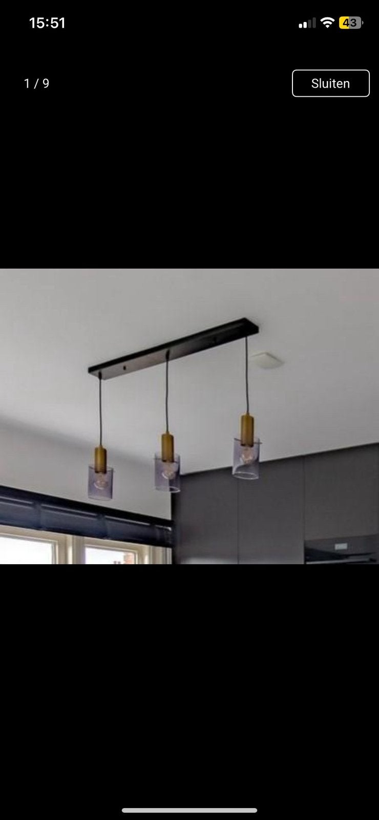 Hanglamp zwart/goud (MOET WEG!), Huis en Inrichting, Ophalen, Zo goed als nieuw, Glas