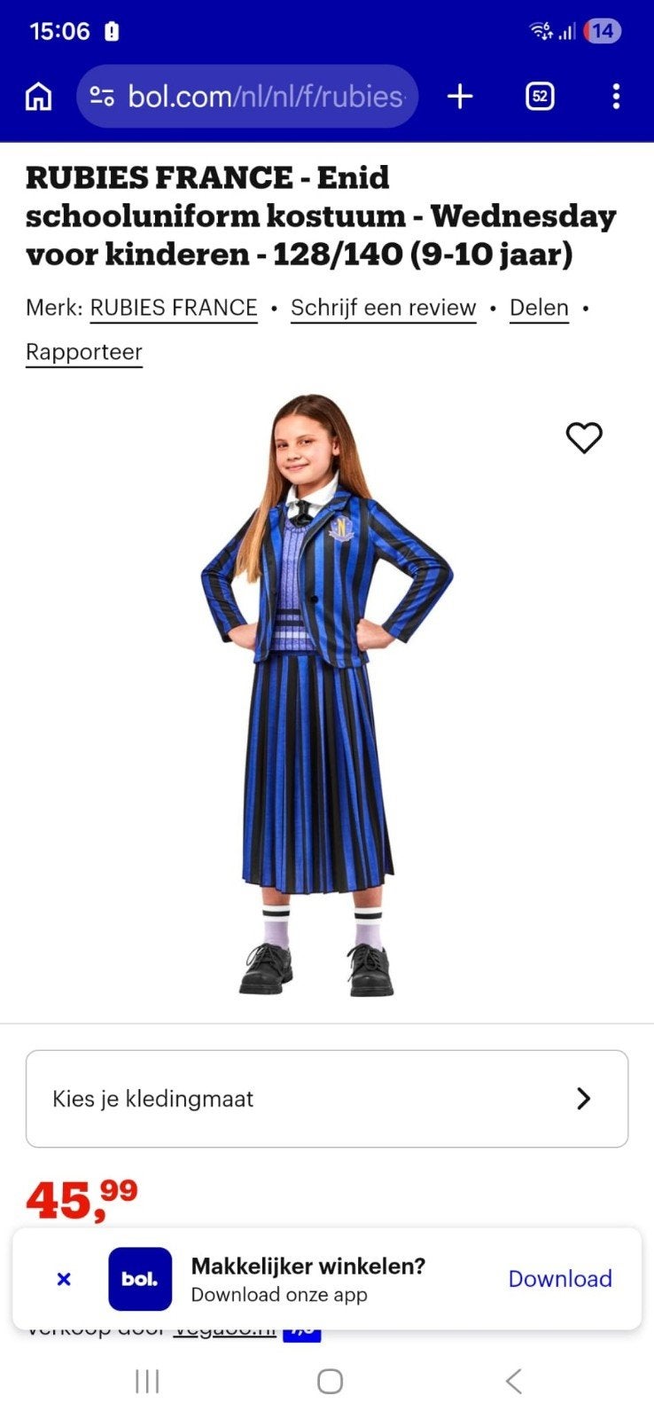 RUBIES FRANCE Enid schooluniform kostuum Wednesday 140, Ophalen of Verzenden, Nieuw, 134 t/m 140, Meisje