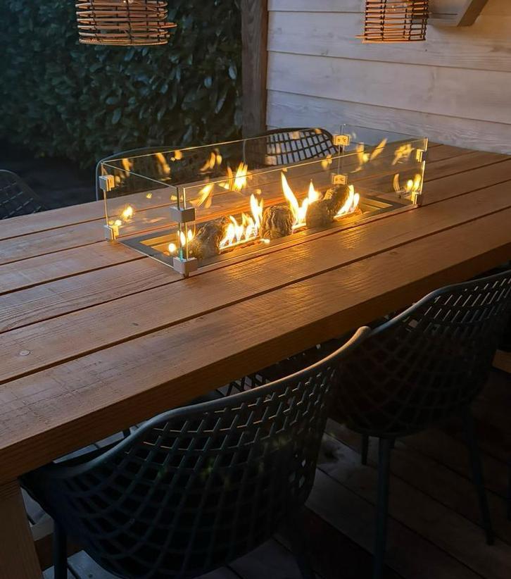 🔥Luxe vuurtafel | Robuuste Tuintafel met RVS sfeerhaard 🔥, Ophalen, Nieuw, Rechthoekig, Hout