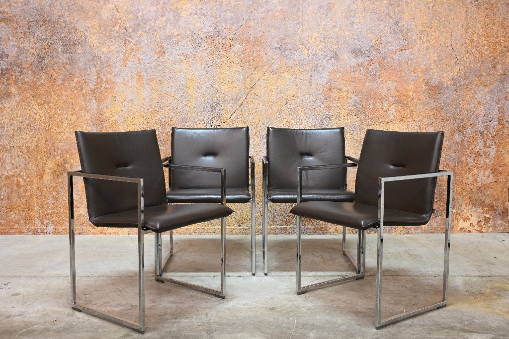 ZGANieuw 4 bruine leren Arco Frame design stoelen, Arco, Bruin, Ophalen of Verzenden, Zo goed als nieuw