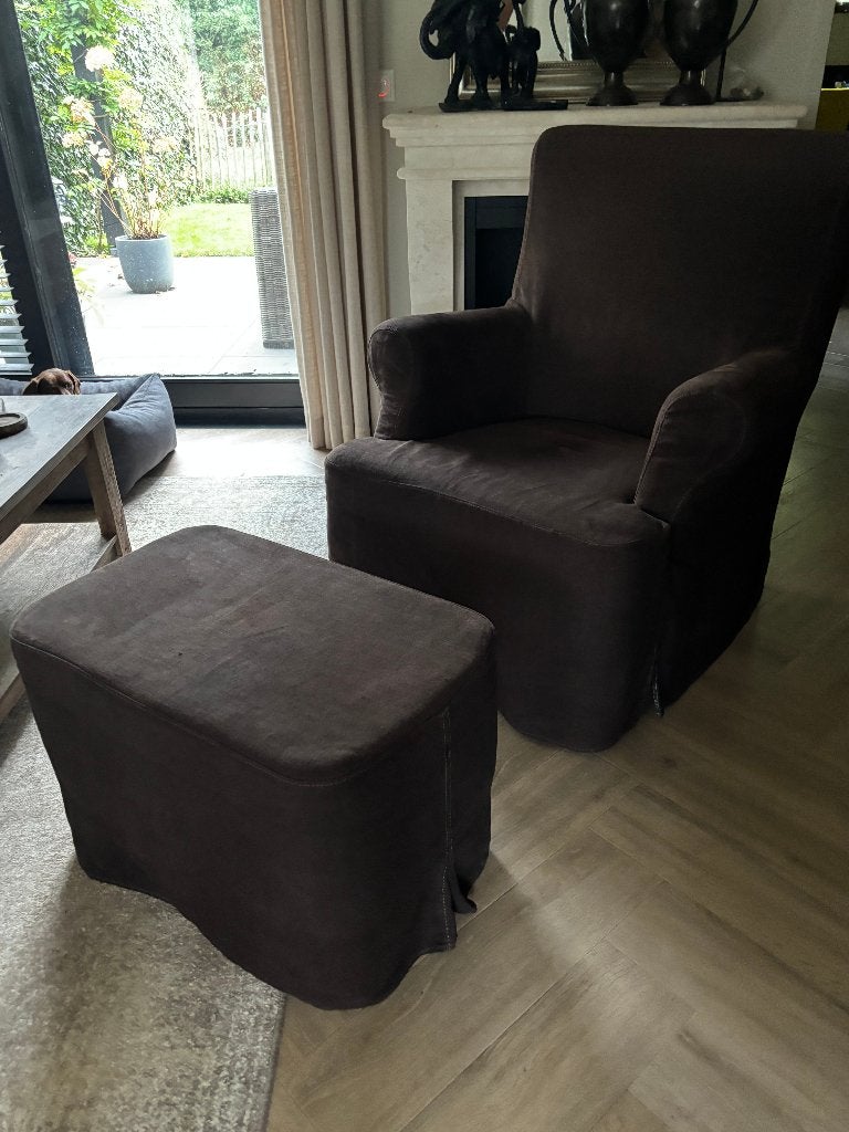Hoffz fauteuil Levi en hocker Liza, Huis en Inrichting, Ophalen, Gebruikt, 75 tot 100 cm, Hoffz landelijk sober stoer linnen