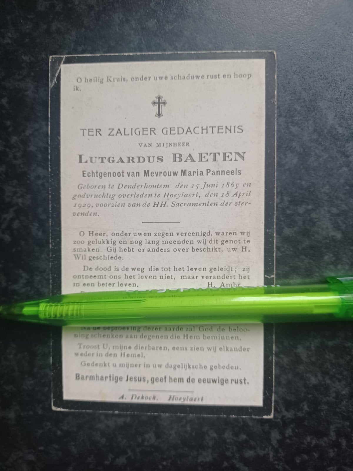 Bidprentje Denderhoutem Hoeylaert Lutgardus Baeten 1865 1929, Ophalen, Bidprentje