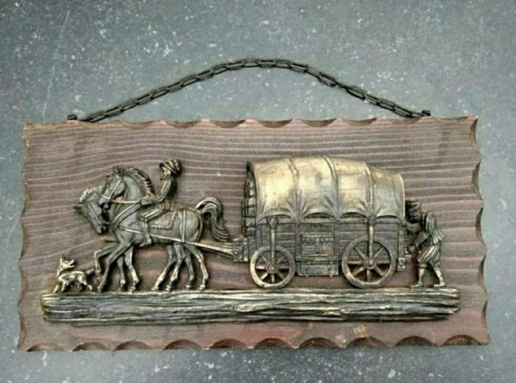 Wandbord,Messing,massief Hout,paard,huifkar,wagen,paarden, Ophalen of Verzenden