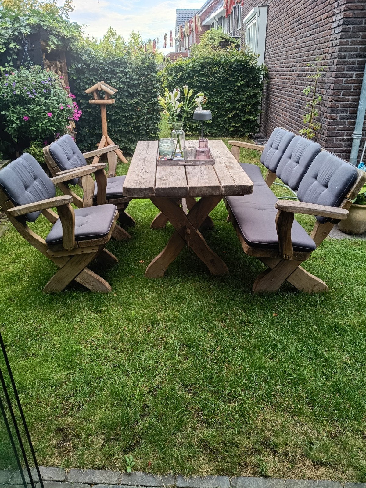 Rustieke houten tuinset Flintstone met bank en stoelen, Ophalen, Gebruikt, Hout, Bank