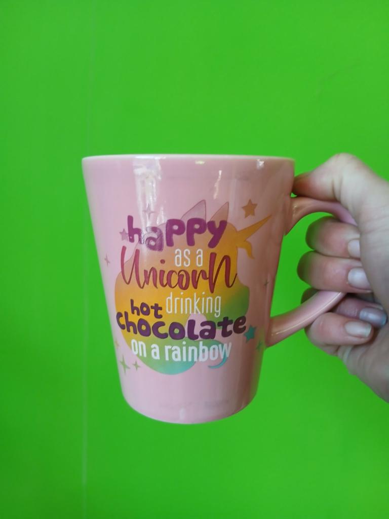 Roze eenhoorn mok 'Happy as a unicorn', Gebruikt, Keramiek, Ophalen of Verzenden, Overige stijlen