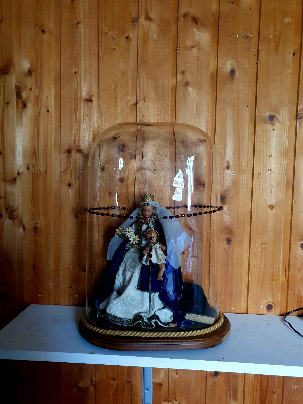 Antieke Mariabeeld met kindje Jezus onder glazen stolp, Antiek en Kunst, Ophalen of Verzenden