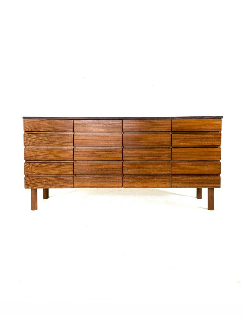 Vintage teakhouten sideboard met lades, jaren ‘60, Vintage retro buisframe design rotan webbing papercord deens, 150 tot 200 cm