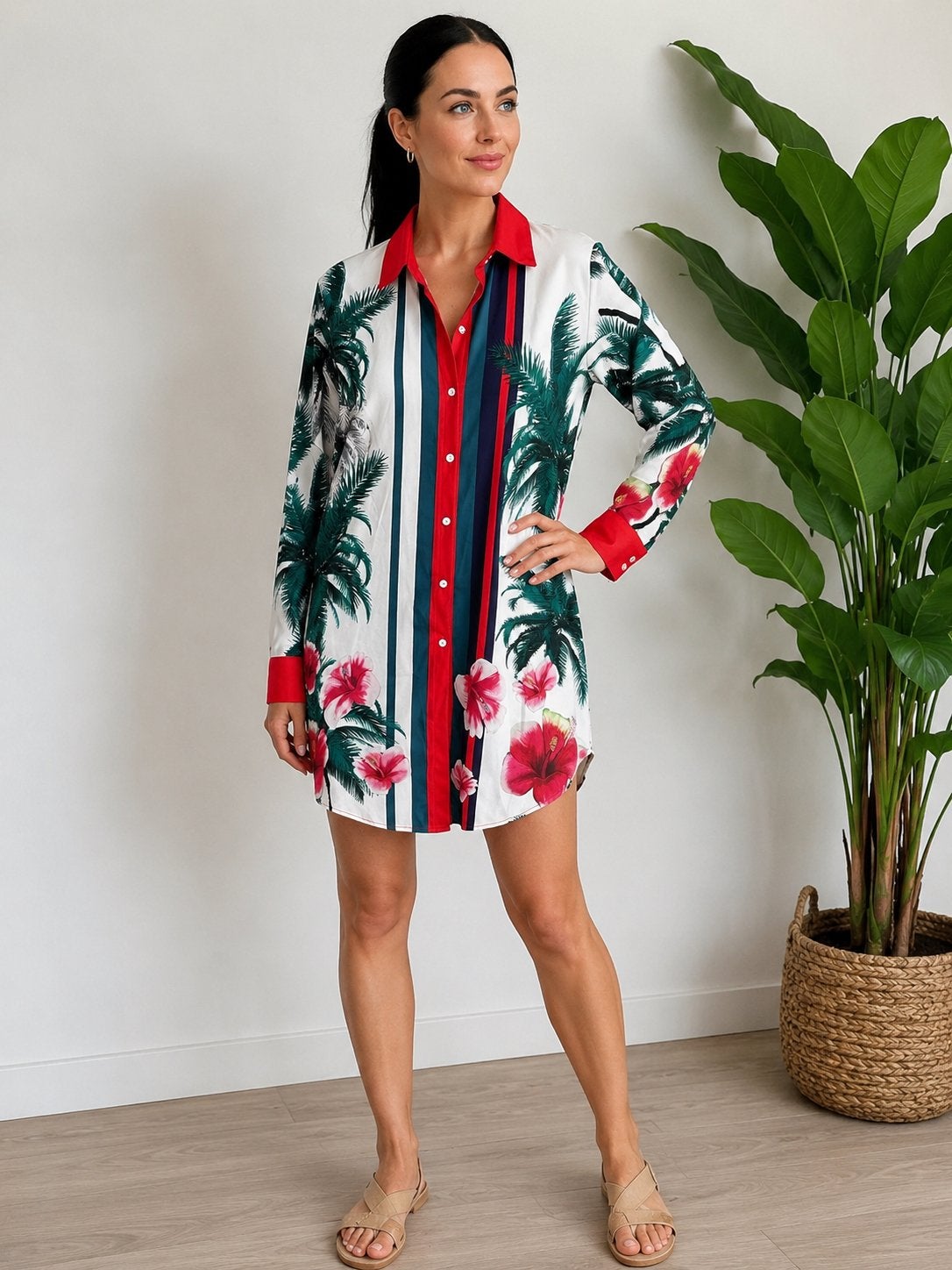 Zomerse overhemdjurk met tropische print, Meerkleurig, Nieuw, Ophalen of Verzenden, Maat 36 (S)