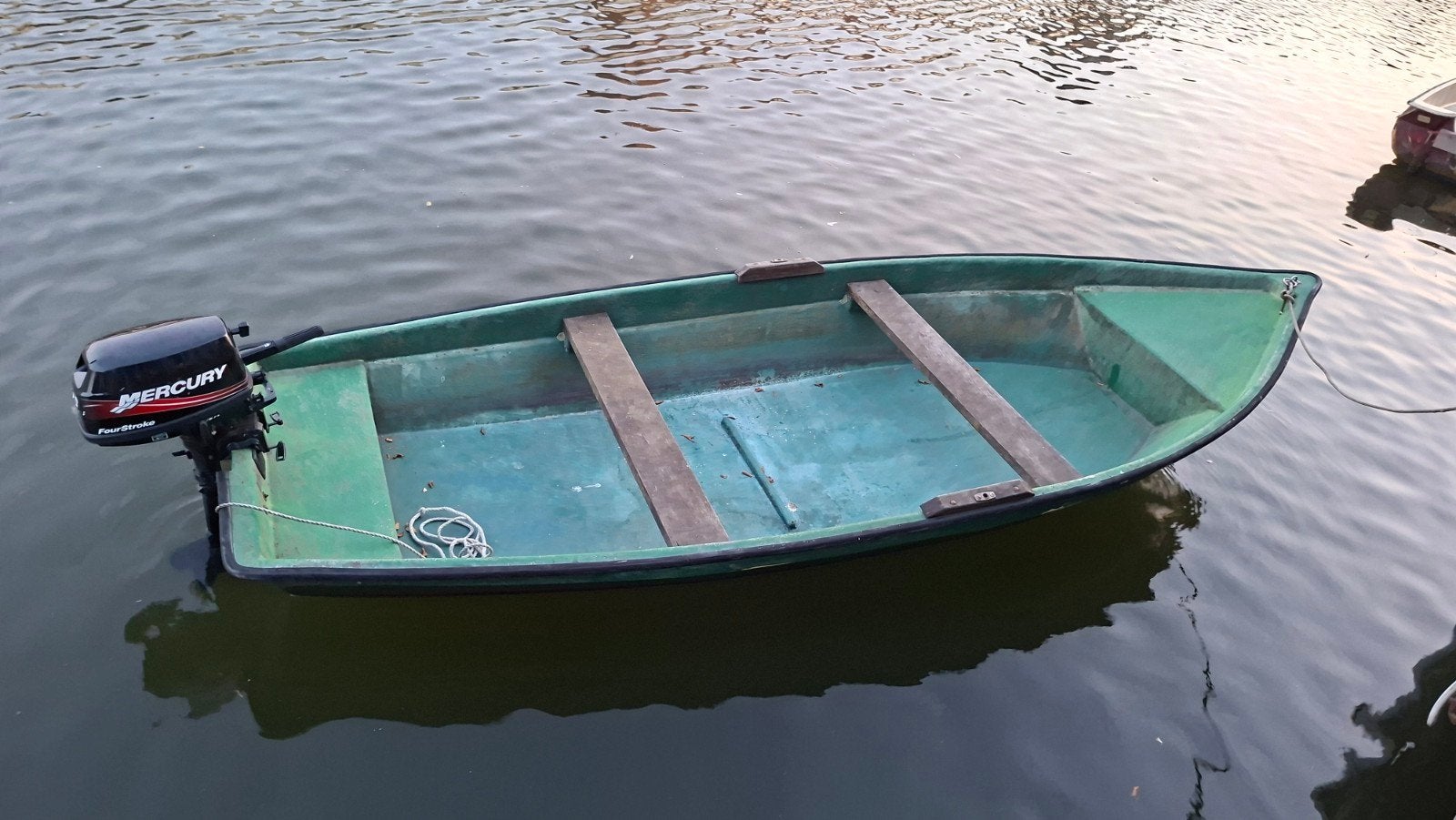 klassiek roeibootje met robuuste roeispanen en 5 pk motortje, Watersport en Boten, Ophalen, Gebruikt, 4 m, 5 pk