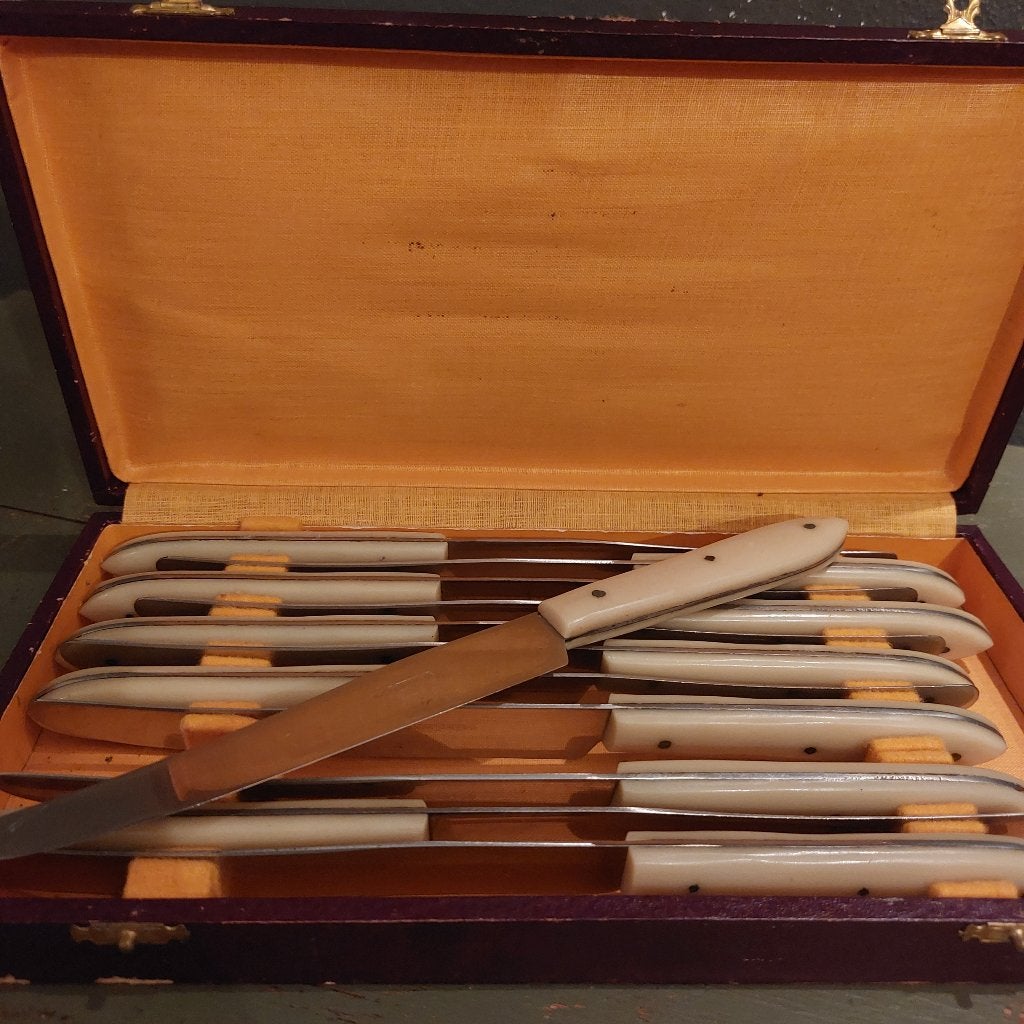 Mooie set van 12 brocante dinermessen 24 cm lang in cassette, Ophalen of Verzenden