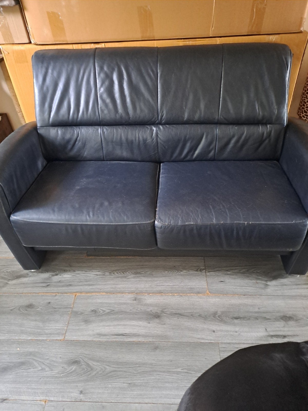 Donker blauwe leren tweezitsbank - Gebruikt, Ophalen, Gebruikt, 150 tot 200 cm, Tweepersoons