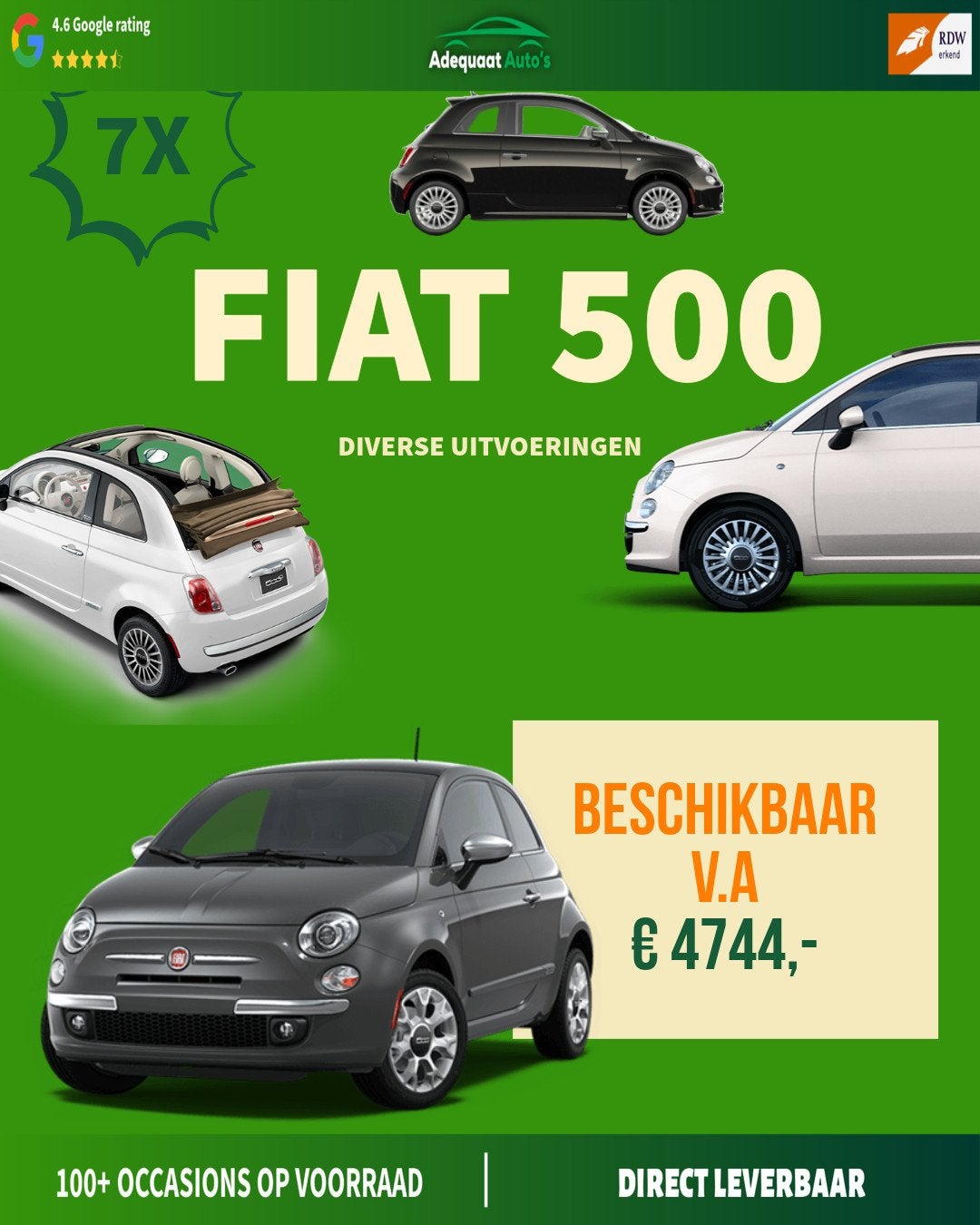Fiat 500 Meerdere Fiat 500 op voorraad, Voorwielaandrijving, Euro 5, Gebruikt, Met garantie (alle)