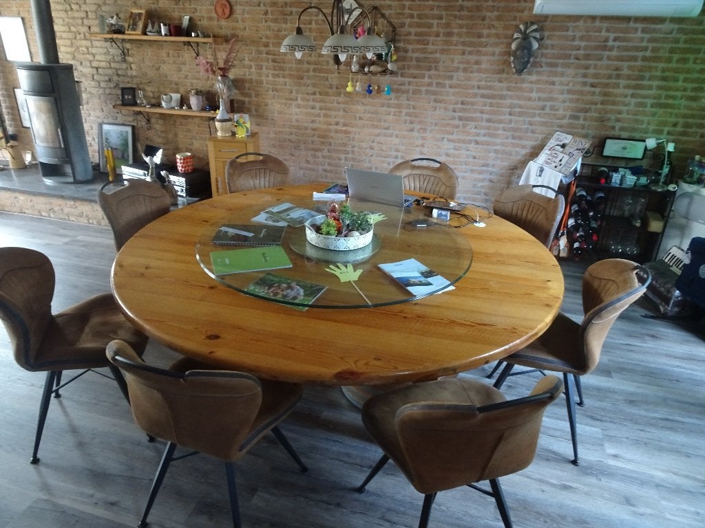 Chinese tafel rond 220 cm  glazen schijf 140 cm, Ophalen, Gebruikt, Rond, 200 cm of meer
