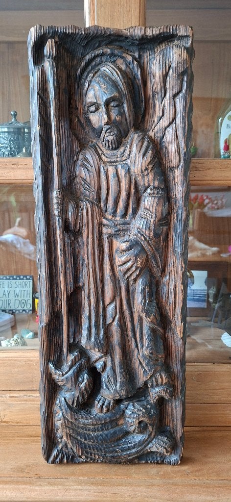 Vintage houtsnijwerk aartsengel Michaël met draak, Antiek en Kunst, Ophalen of Verzenden
