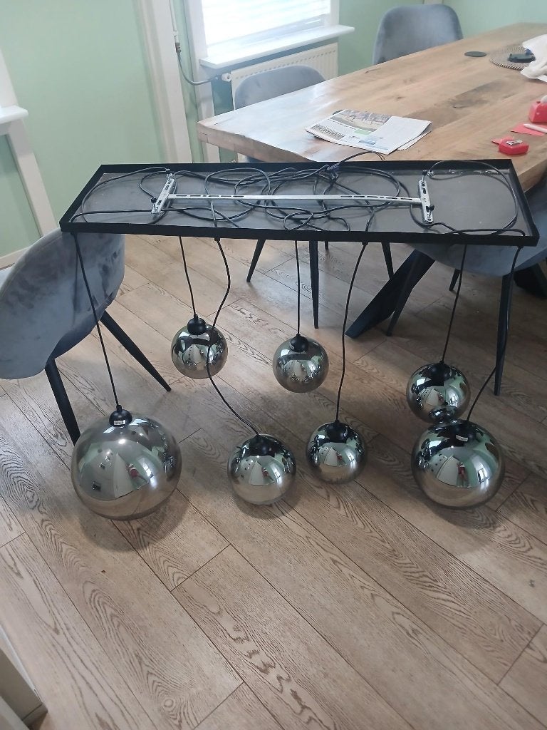 Hanglamp zilver 6 lampenkappen, Ophalen, E27 (groot), Zo goed als nieuw, Glas