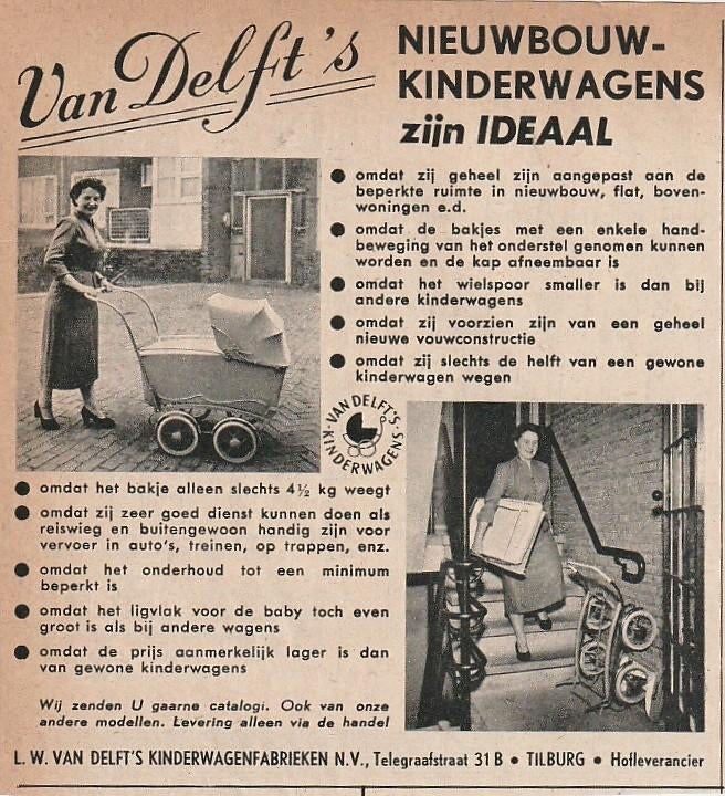 Retro reclame 1955 Van Delft's kinderwagen Tilburg, Verzenden, Overige typen