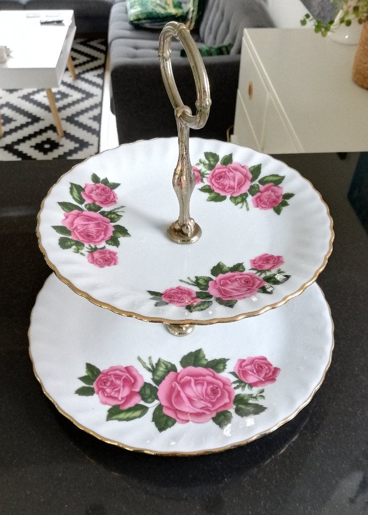 Vintage Rheinpfalz Hartporzellan etagère met rozen, Overige merken, Overige typen, Ophalen of Verzenden, Zo goed als nieuw