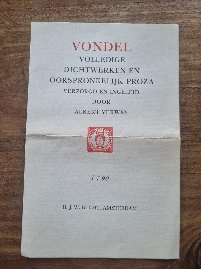 1937 Folder uitgave Volledige Dichtwerken en Proza Vondel, Boeken, Catalogussen en Folders, Ophalen of Verzenden, Gelezen, Folder