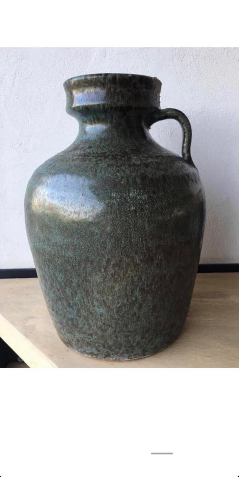 Vintage Rodolfo terracotta vaas groen/blauw glazuur, Gebruikt, Handgemaakt, Ophalen of Verzenden, Steen/keramiek