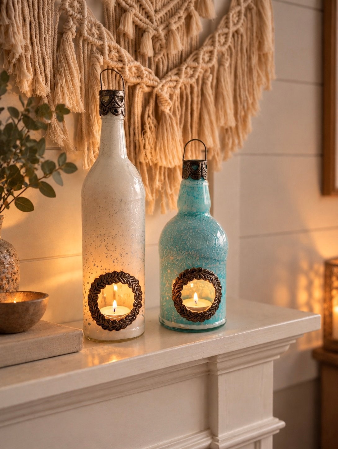 PTMD Set 2x Fles Waxinelicht Houders Boho Ibiza, Meerkleurig, Waxinelichthouder, Ophalen of Verzenden, PTMD