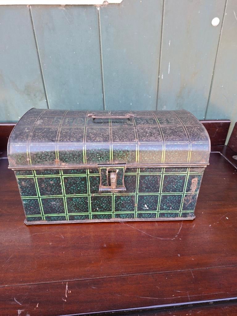 Vintage blikken broodtrommel - Groen geruit design, Verzamelen, Blikken, Ophalen of Verzenden, Gebruikt, Overige, Overige merken
