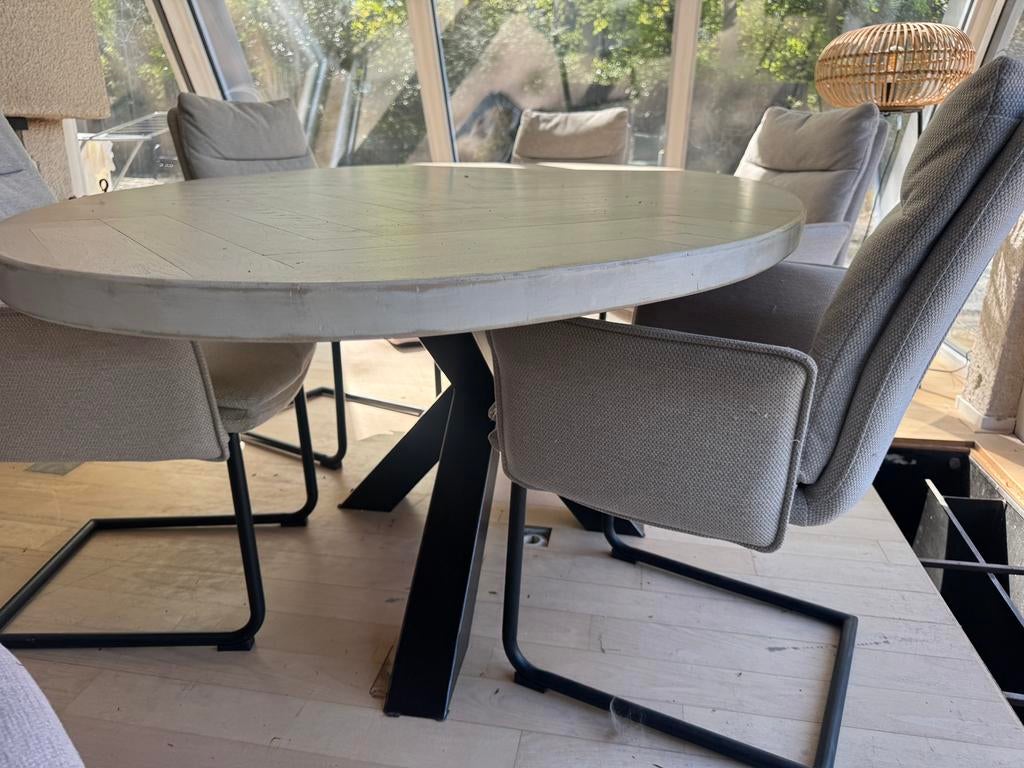 Eetkamerset houten tafel 222cm 6 stoelen, Huis en Inrichting, Ophalen, Gebruikt, 200 cm of meer, 50 tot 100 cm