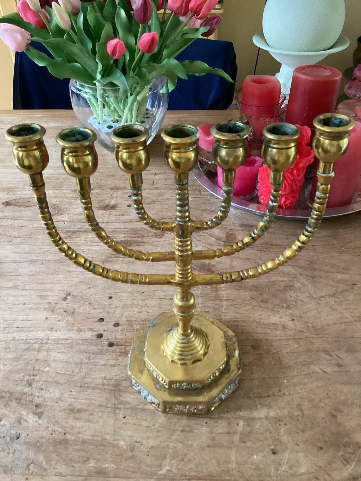 Antieke Messing Menora Kandelaar - Joodse Symboliek, Ophalen of Verzenden, Koper of Brons