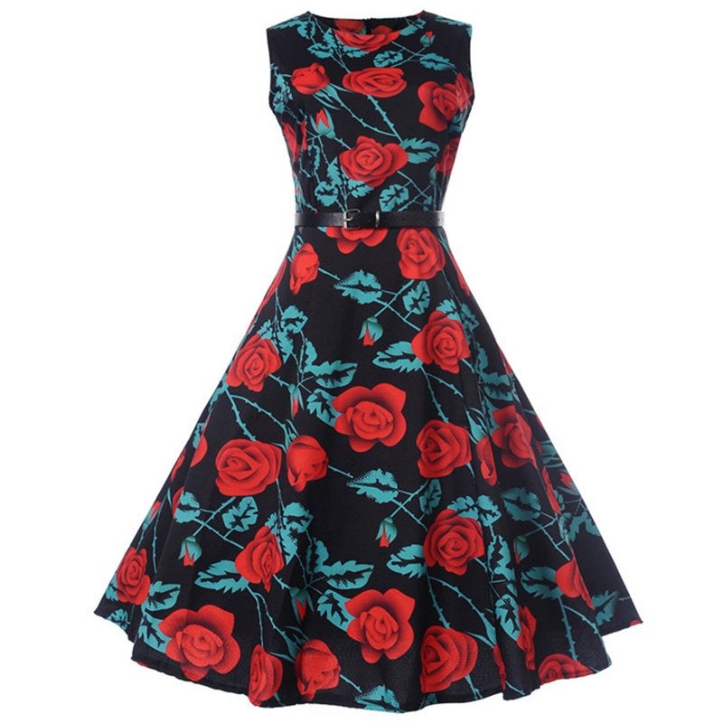 Vintage rode rozen zwarte jurk rockabilly jurkje dames, Verzenden, Nieuw, Meerkleurig, Knielengte
