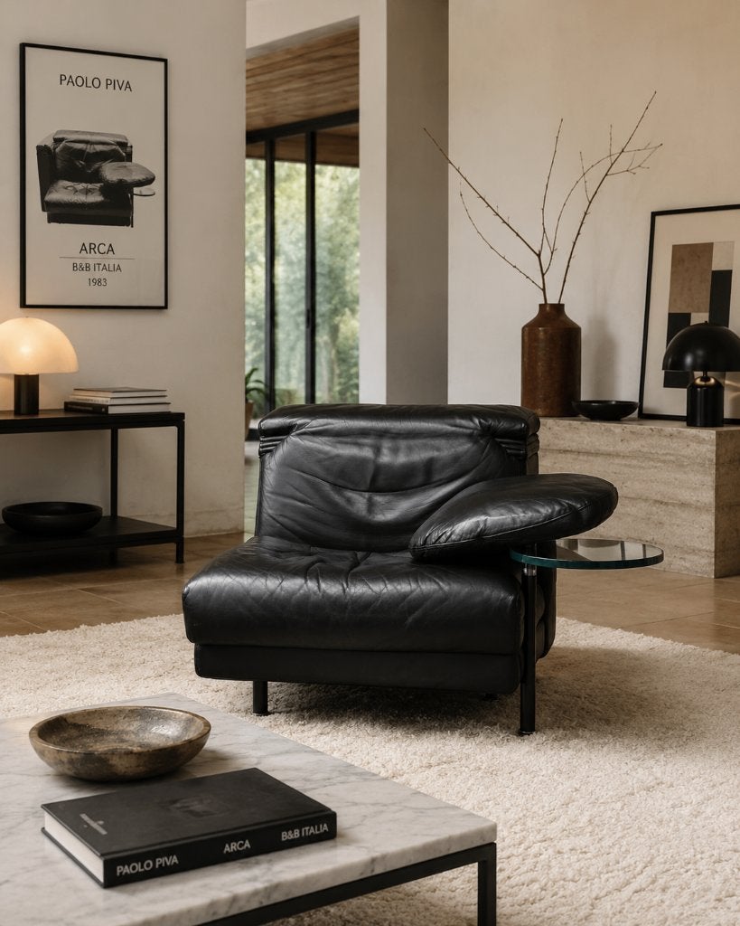 Arca Fauteuil B&B Italia Paolo Piva design zwart leer, Ophalen, Gebruikt, Vintage loungen Mancave Brutalisme Italiaans, 75 tot 100 cm