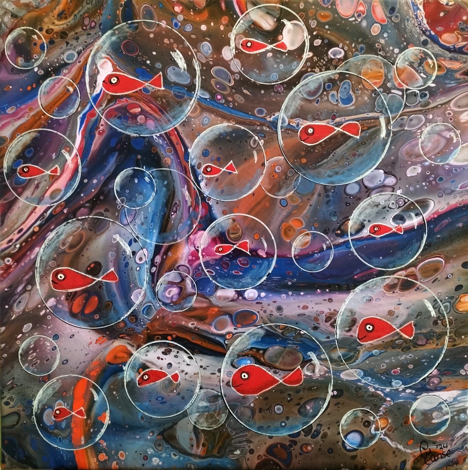 schilderij visjes en bubbels, Ophalen of Verzenden