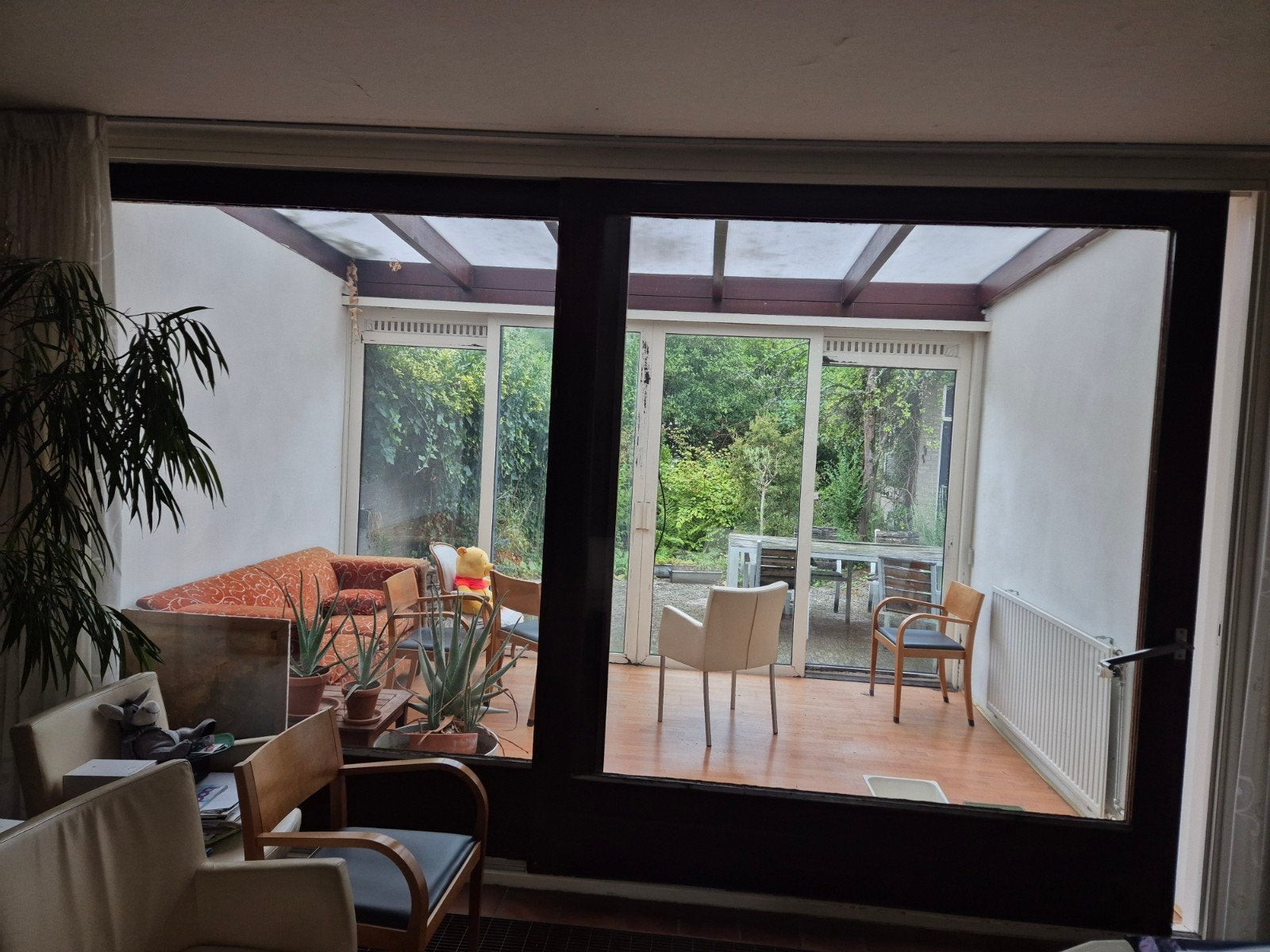 Hardhouten schuifpui met dubbelglas en zonwering, Ophalen, Gebruikt, 225 cm of meer, Inclusief glas