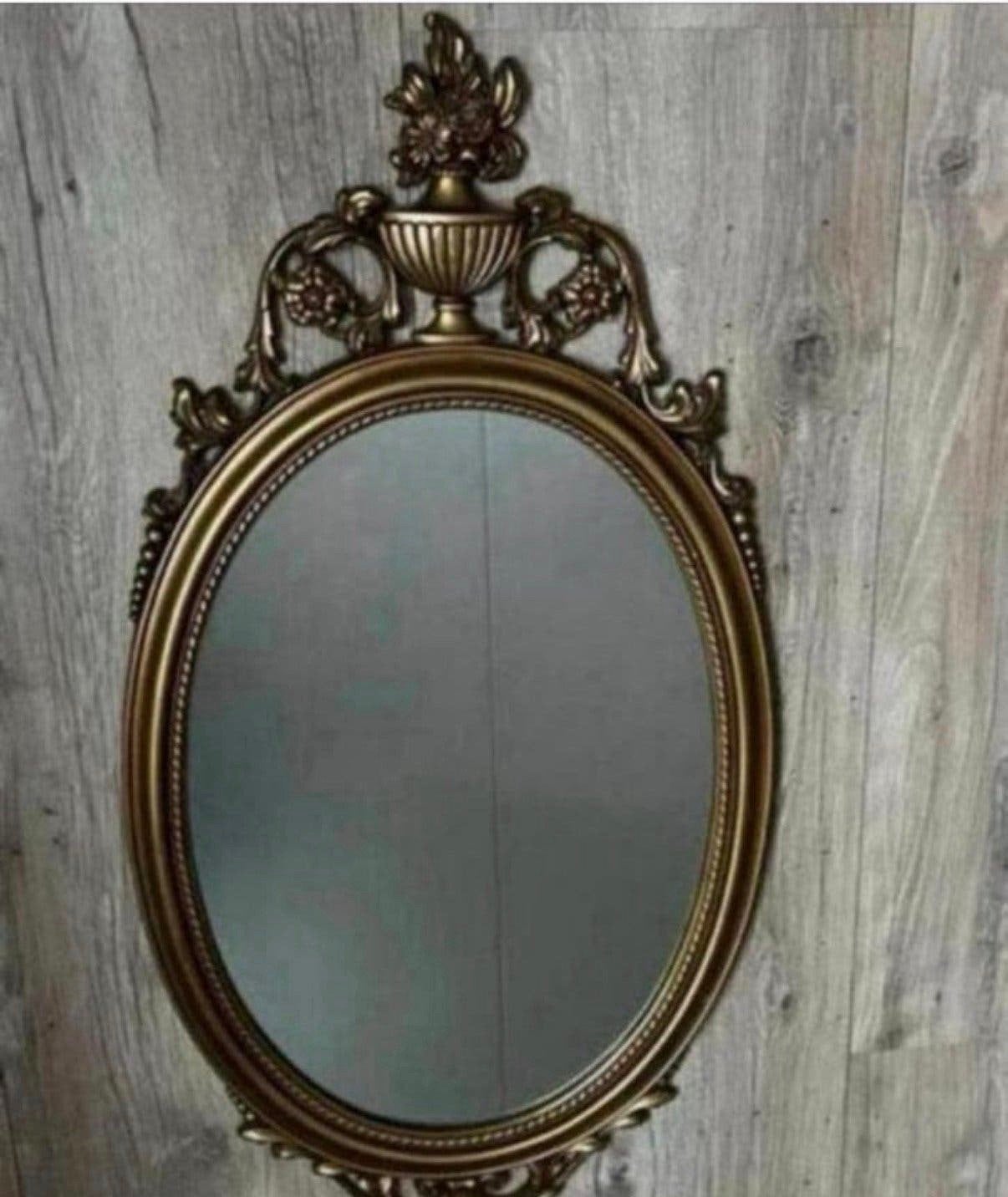 Vintage art deco ovaalvormige spiegel goudkleurig, Ophalen, Minder dan 50 cm, Zo goed als nieuw, Minder dan 100 cm