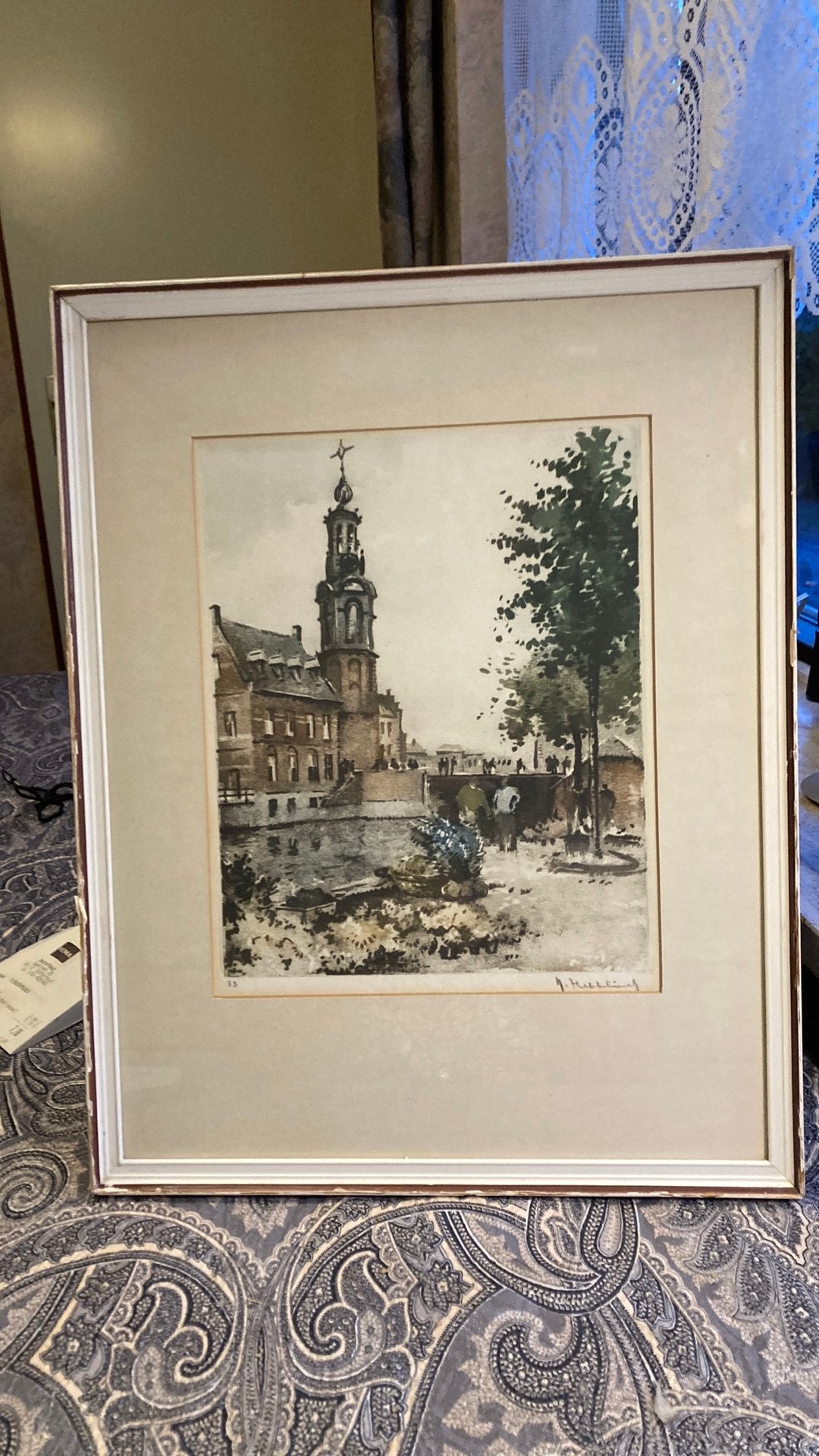 Ingekleurde ets  van de Munttoren te Amsterdam, Antiek en Kunst, Ophalen of Verzenden